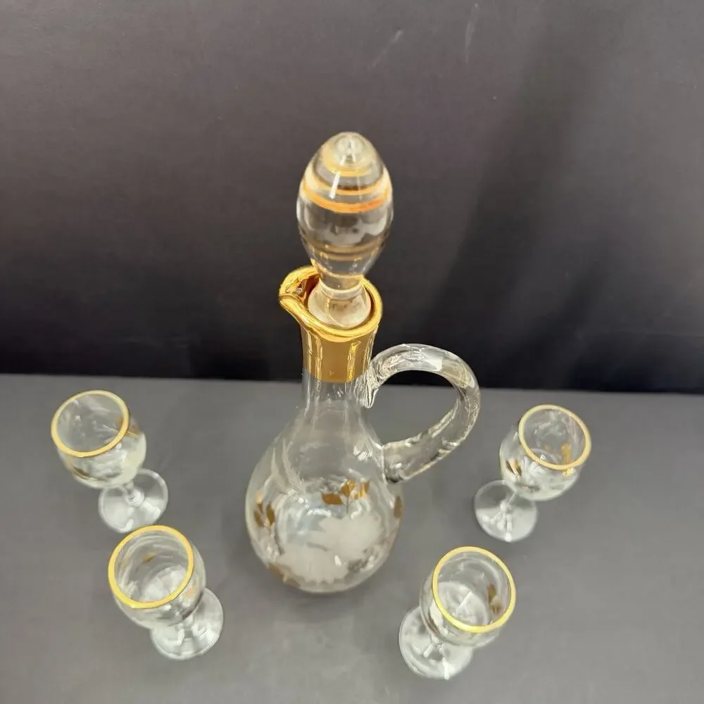 Vintage Barware Rumania Romania Gold Trim Crystal Decanter & 4 Wine Glasses